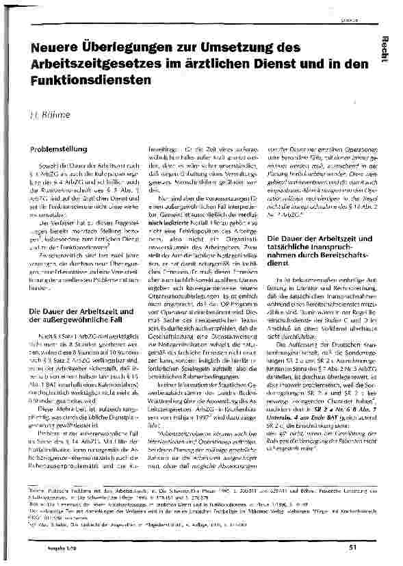 Vorschauseite 1: Neuere Überlegungen zur Umsetzung des Arbeitszeitgesetzes im ärztlichen Dienst und in den Funktionsdiensten