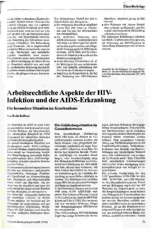 Vorschauseite 1: Arbeitsrechtliche Aspekte der HIV-Infektion und der AIDS-Erkrankung Die besondere Situation im Krankenhaus