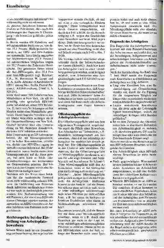Vorschauseite 2: Arbeitsrechtliche Aspekte der HIV-Infektion und der AIDS-Erkrankung Die besondere Situation im Krankenhaus