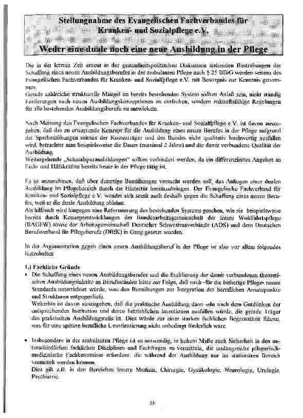 Vorschauseite 1: Stellungnahme des Ev. Fachverbandes für Krankenund Sozialpflege e. V. Weder eine duale noch eine neue Ausbildung in der Pflege