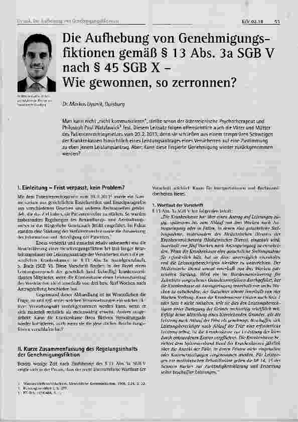 Vorschauseite 1: Die Aufhebung von Genehmigungsfiktionen gemäß § 13 Abs. 3a SGB V nach § 45 SGB X Wie gewonnen, so zerronnen?