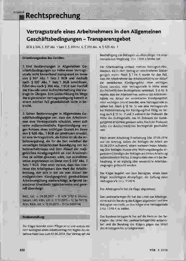 Vorschauseite 1: Vertragsstrafe eines Arbeitnehmers in den Allgemeinen Geschäftsbedingungen Transparenzgebot