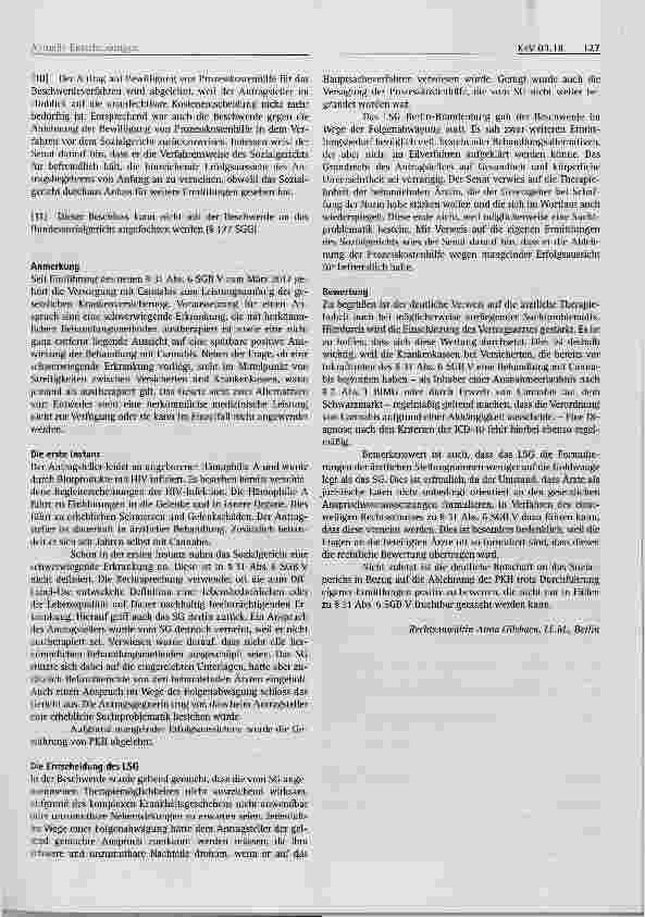 Vorschauseite 3: Krankenversicherungsrecht Versorgung mit Cannabis § 31 Abs. 6 SGB V, § 86b SGGLandessozialgericht Berlin-Brandenburg, Beschluss vom 29. 3. 2018 L 1 KR 26/18 B ERmit einer Anmerkun…