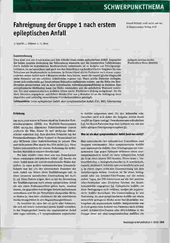 Vorschauseite 1: Fahreignung der Gruppe 1 nach erstem epileptischen Anfall