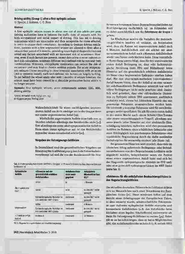 Vorschauseite 2: Fahreignung der Gruppe 1 nach erstem epileptischen Anfall