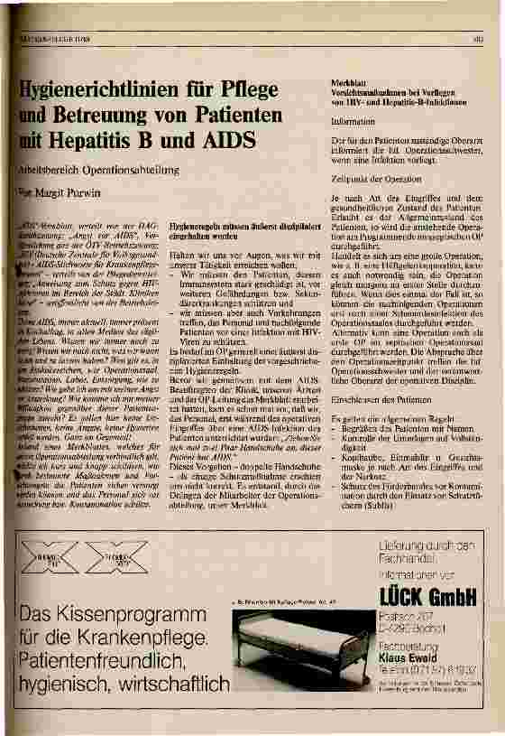 Vorschauseite 1: Hygienerichtlinien für Pflege und Betreuung von Patienten mit Hepatitis B und AIDS // Arbeitsbereich Operationsabteilung