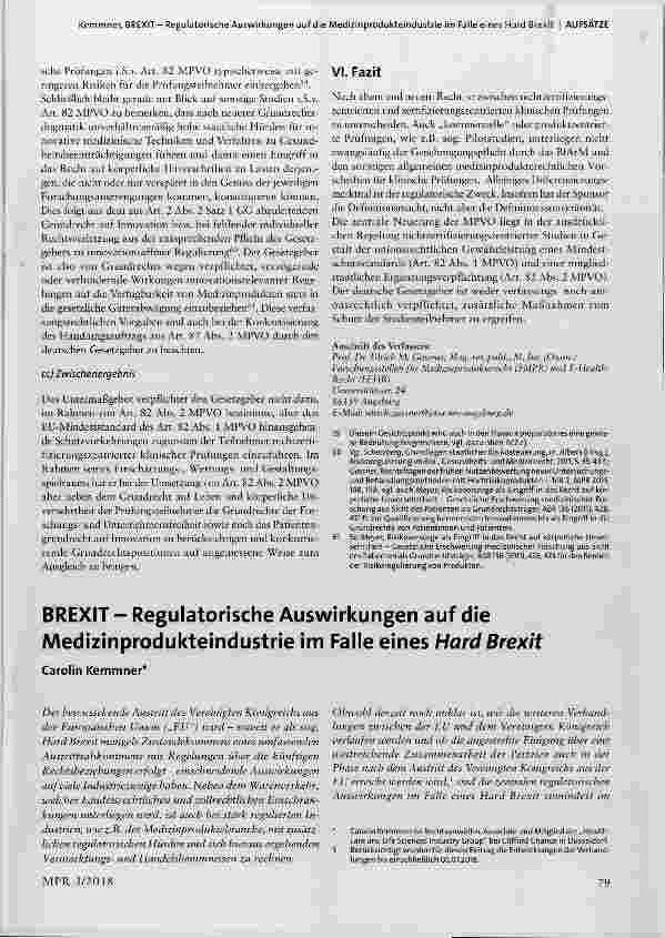 Vorschauseite 1: BREXIT Regulatorische Auswirkungen auf die Medizinprodukteindustrie im Falle eines Hard Brexit