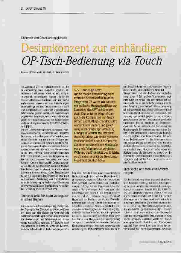 Vorschauseite 1: Designkonzept zur einhändigen OP-Tisch-Bedienung via Touch