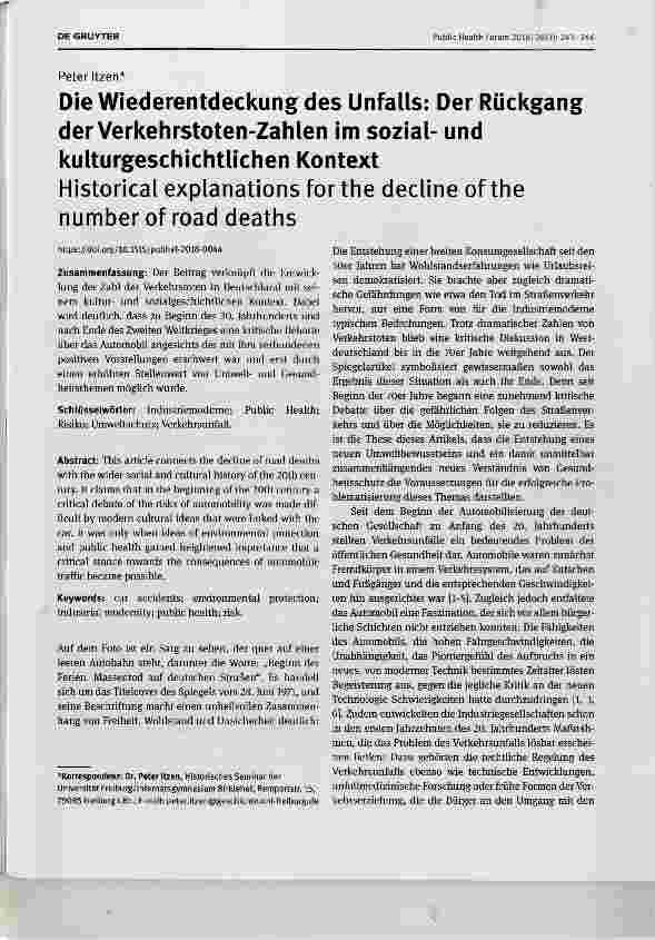 Vorschauseite 1: Die Wiederentdeckung des Unfalls: Der Rückgang derVerkehrstoten-Zahlen im sozialund kulturgeschichtlichen Kontext Historical explanations for the decline of the number of road dea…