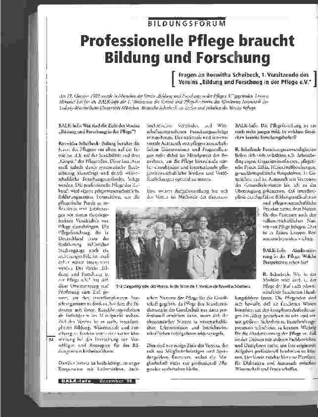 Vorschauseite 1: Fragen an R. Scheibeck, 1. Vorsitzende des Vereins Bildung und Forschung in der Pflege e.V..