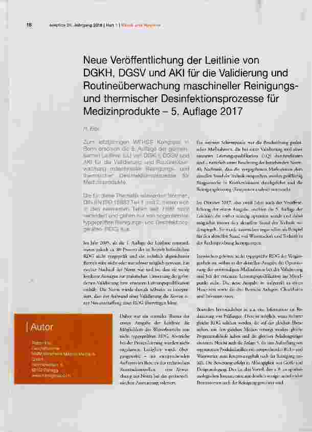Vorschauseite 1: Neue Veröffentlichung der Leitlinie von DGKH, DGSV und AKI für die Validierung und Routineüberwachung maschineller Reinigungsund thermischer Desinfektionsprozesse für Medizinprodu…
