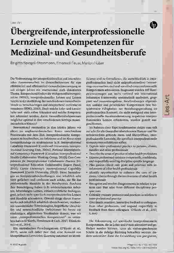 Vorschauseite 1: Übergreifende, interprofessionelle Lernziele und Kompetenzen für Medizinalund Gesundheitsberufe