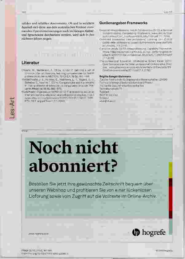 Vorschauseite 2: Übergreifende, interprofessionelle Lernziele und Kompetenzen für Medizinalund Gesundheitsberufe