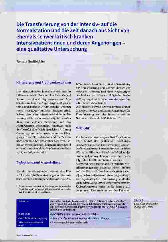 Vorschauseite 1: Die Transferierung von der Intensivauf die Normalstation und die Zeit danach aus Sicht von ehemals schwer kritisch kranken Intensivpatientinnen und deren Angehörigen eine qualitat…