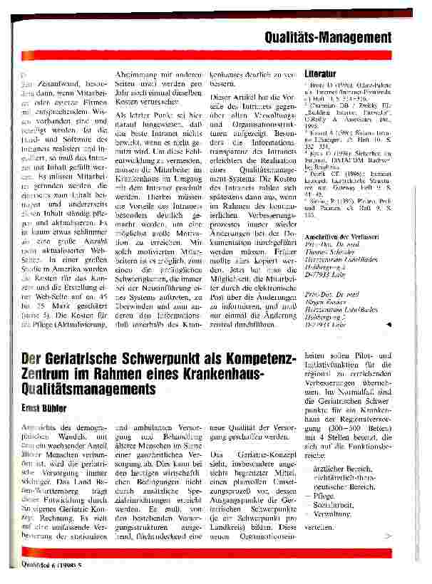 Vorschauseite 1: Der geriatrische Schwerpunkt als Kompetenz-Zentrum im Rahmen eines Krankenhaus-Qualitätsmanagements