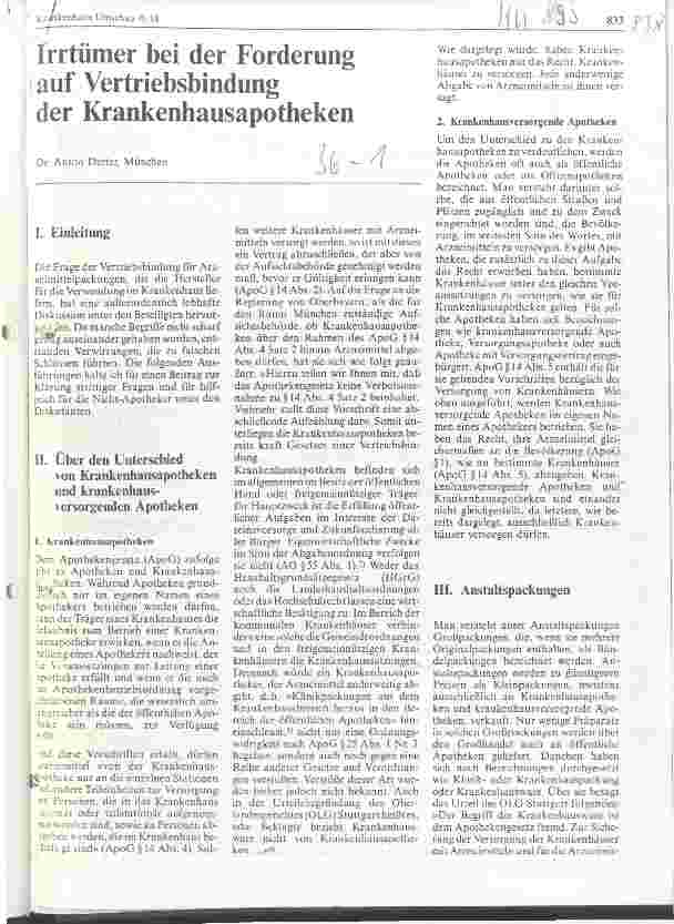 Vorschauseite 1: Irrtümer bei der Forderung auf Vertriebsbindung der Krankenhausapotheken