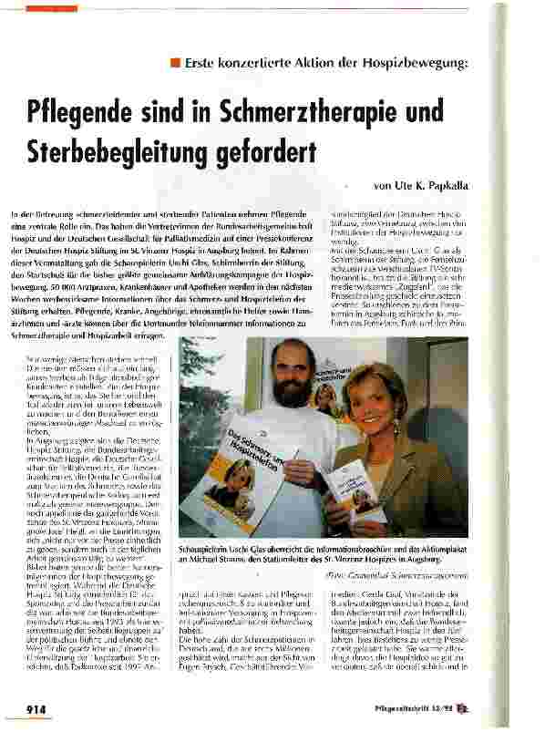 Vorschauseite 1: Erste konzentierte Aktion der Hospizbewegung: Pflegende sind in Schmerztherapie und Sterbebegleitung gefordert