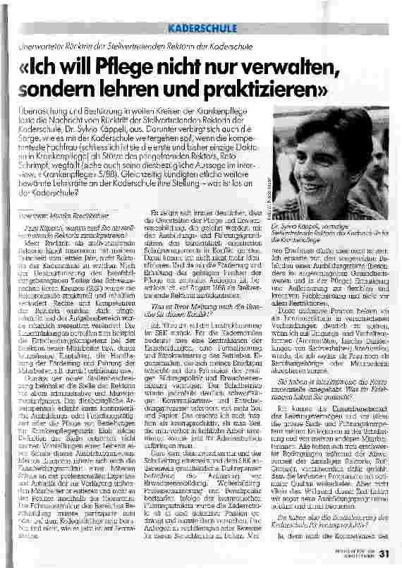 Vorschauseite 1: Unerwarteter Rücktritt der Stellvertretenden Rektorin der Kaderschule Ich will Pflege nicht nur verwalten, sondern lehren und praktizieren