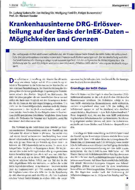 Vorschauseite 1: Krankenhausinterne DRG-Erlösverteilung auf der Basis der InEK-Daten Möglichkeiten und Grenzen