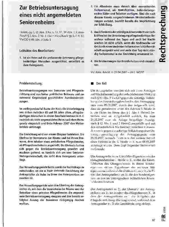 Vorschauseite 1: Zur Betriebsuntersagung eines nicht angemeldeten Seniorenheims