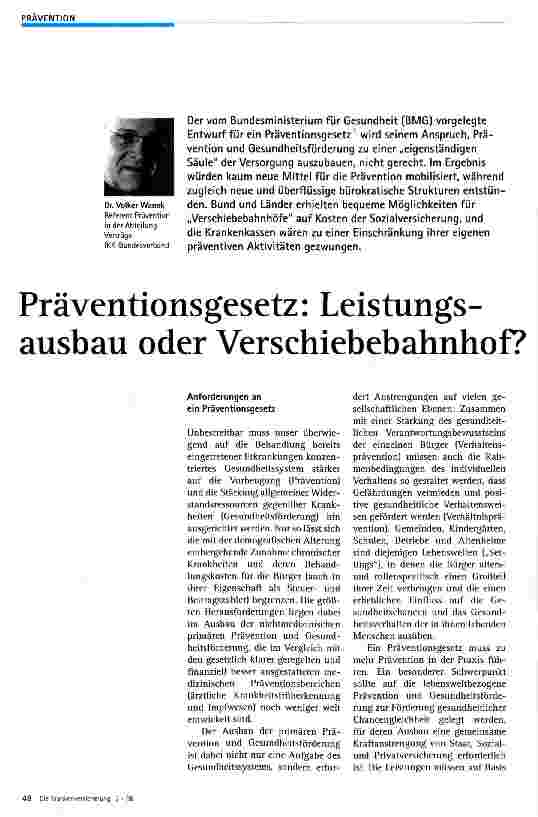 Vorschauseite 1: Präventionsgesetz: Leistungsausbau oder Verschiebebahnhof?