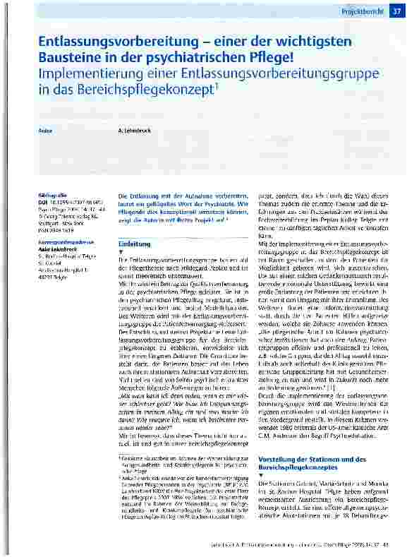 Vorschauseite 1: Entlassungsvorbereitung - einer der wichtigsten Bausteine in der psychiatrischen Pflege! Implementierung einer Entlassungsvorbereitungsgruppe in das Bereichspflegekonzept