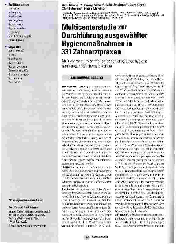 Vorschauseite 1: Multicenterstudie zur Durchführung ausgewählter Hygienemaßnahmen in 331 Zahnarztpraxen