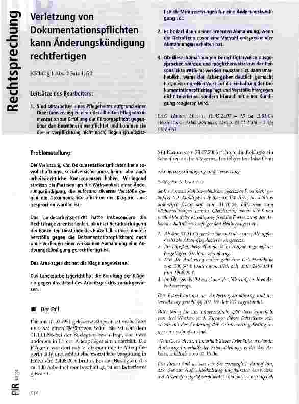Vorschauseite 1: Verletzung von Dokumentationspflichten kann Änderungskündigung rechtfertigen