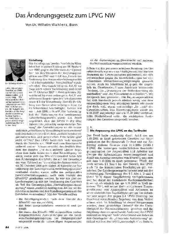 Vorschauseite 1: Das Änderungsgesetz zum LPVG NW