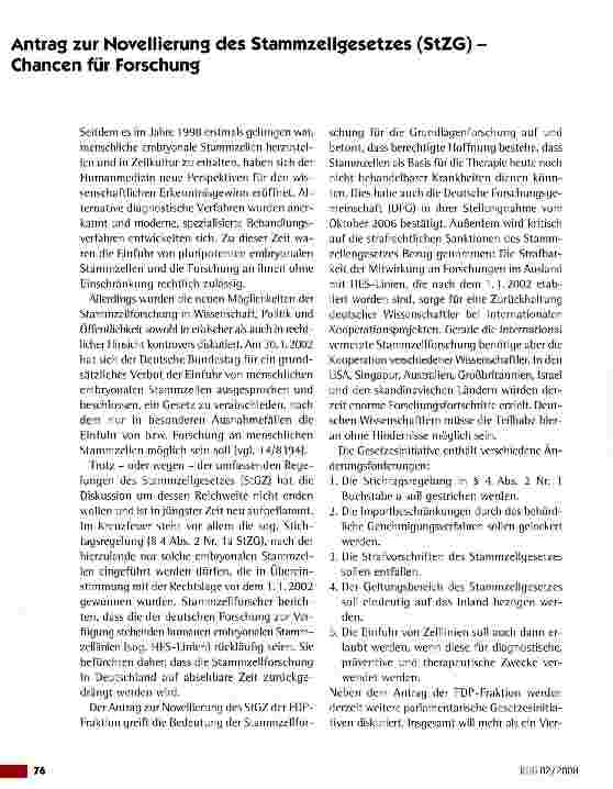 Vorschauseite 1: Antrag zur Novellierung des Stammzellgesetzes (StZG) -Chancen für Forschung