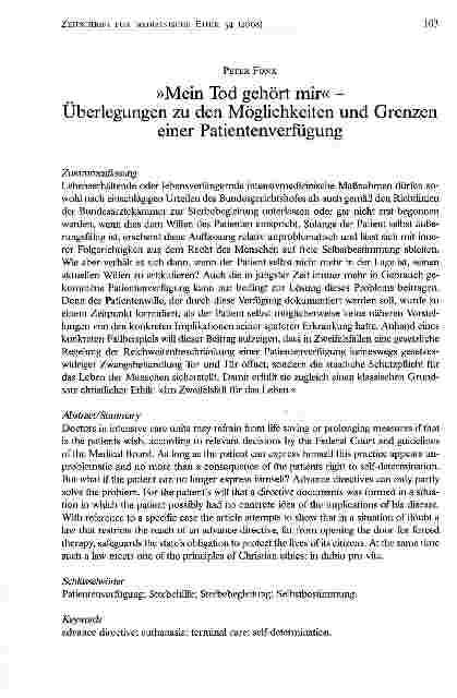 Vorschauseite 1: »Mein Tod gehört mir« - Überlegungen zu den Möglichkeiten und Grenzen einer Patientenverfügung