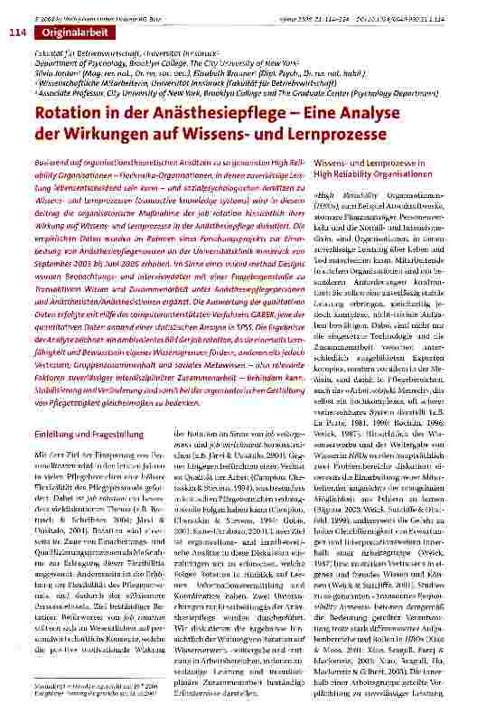 Vorschauseite 1: Rotation in der Anästhesiepflege - Eine Analyse der Wirkungen auf Wissensund Lernprozesse