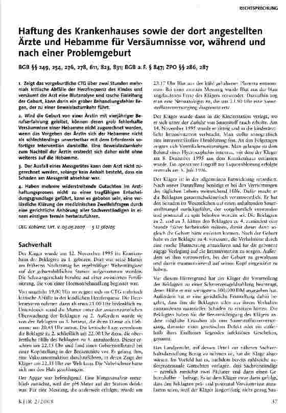 Vorschauseite 1: Haftung des Krankenhauses sowie der dort angestellten Ärzte und Hebamme für Versäumnisse vor, während und nach einer Problemgeburt