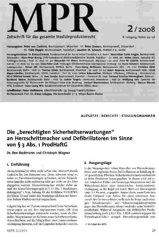 Vorschauseite 1: Die „berechtigten Sicherheitserwartungen an Herzschrittmacher und Defibrillatoren im Sinne von § 3 Abs. 1 ProdHaftG