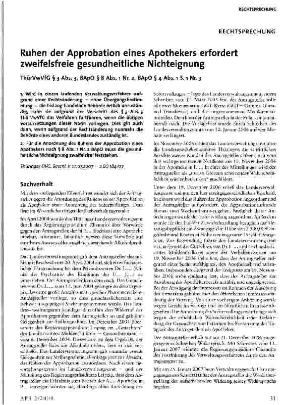 Vorschauseite 1: Ruhen der Approbation eines Apothekers erfordert zweifelsfreie gesundheitliche Nichteignung