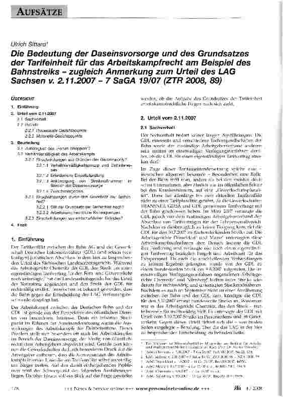 Vorschauseite 1: Die Bedeutung der Daseinsvorsorge und des Grundsatzes der Tarifeinheit für das Arbeitskampf recht am Beispiel des Bahnstreiks - zugleich Anmerkung zum Urteil des LAG Sachsen v. 2.…