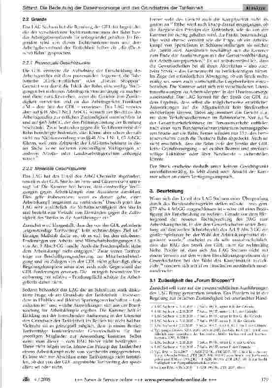 Vorschauseite 2: Die Bedeutung der Daseinsvorsorge und des Grundsatzes der Tarifeinheit für das Arbeitskampf recht am Beispiel des Bahnstreiks - zugleich Anmerkung zum Urteil des LAG Sachsen v. 2.…