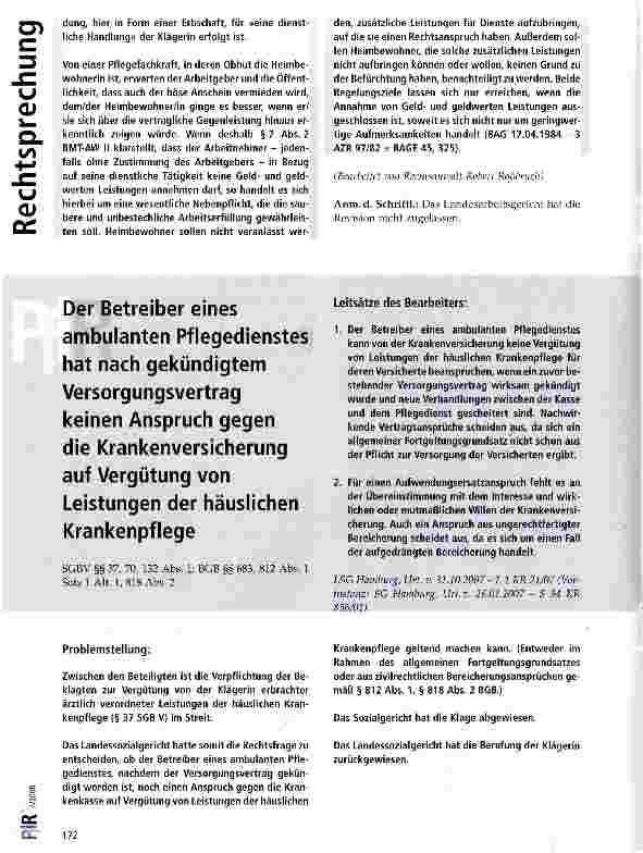 Vorschauseite 1: Der Betreiber eines ambulanten Pflegedienstes hat nach gekündigtem Versorgungsvertrag keinen Anspruch gegen die Krankenversicherung auf Vergütung von Leistungen der häuslichen Kra…
