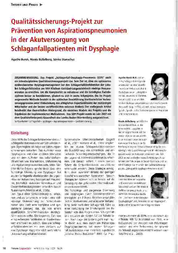 Vorschauseite 1: Qualitätssicherungs-Projekt zur Prävention von Aspirationspneumonien in der Akutversorgung von Schlaganfallpatienten mit Dysphagie