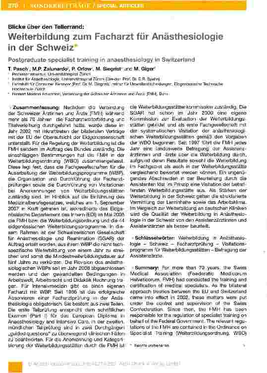 Vorschauseite 1: Weiterbildung zum Facharzt für Anästhesiologie in der Schweiz