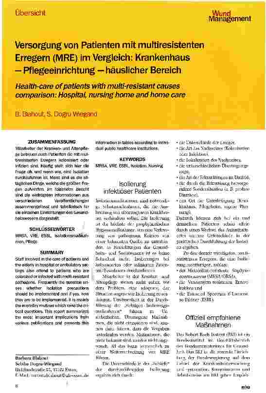 Vorschauseite 1: Versorgung von Patienten mit multiresistenten Erregern (MRE) im Vergleich: Krankenhaus — Pflegeeinrichtung — häuslicher Bereich
