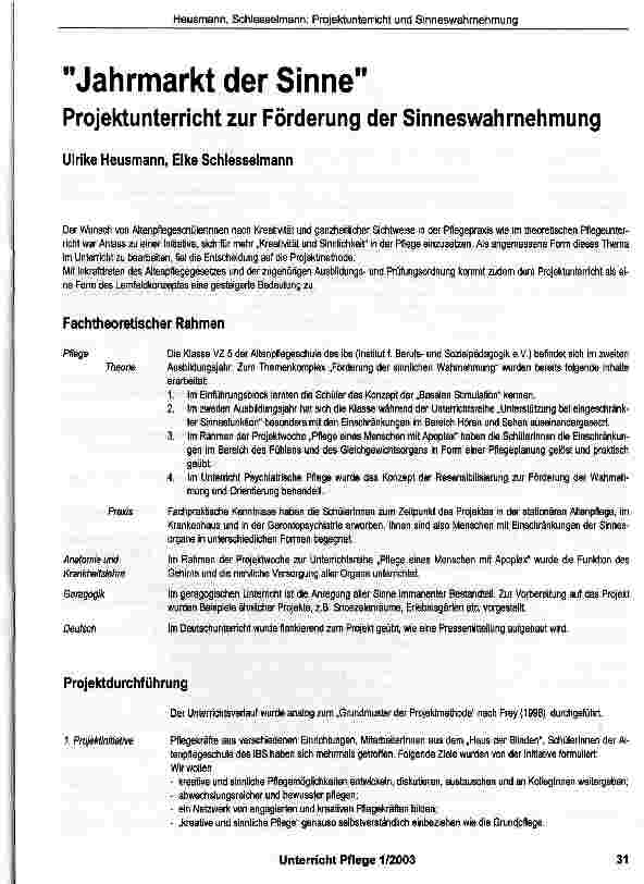 Vorschauseite 1: Jahrmarkt der Sinne Projektunterricht zur Förderung der Sinneswahrnehmung