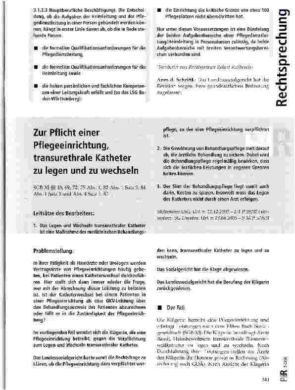 Vorschauseite 1: Zur Pflicht einer Pflegeeinrichtung, transurethrale Katheter zu legen und zu wechseln