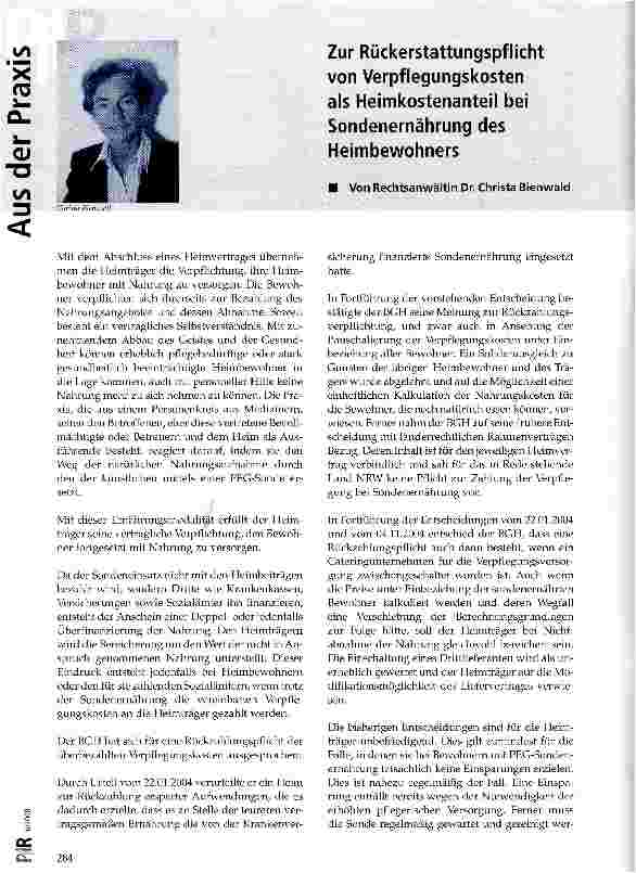 Vorschauseite 1: Zur Rückerstattungspflicht von Verpflegungskosten als Heimkostenanteil bei Sondenernährung des Heimbewohners