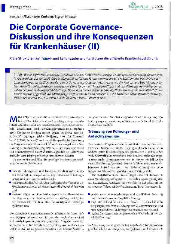 Vorschauseite 1: Die Corporate Governance-Diskussion und ihre Konsequenzen für Krankenhäuser (II)
