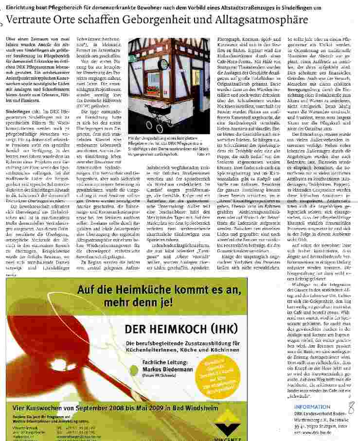 Vorschauseite 1: Vertraute Orte schaffen Geborgenheit und AlltagsatmosphäreEinrichtung baut Pflegebereich für demenzerkrankte Bewohner nach dem Vorbild eines Altstadtstraßenzuges in Sindelfingen um