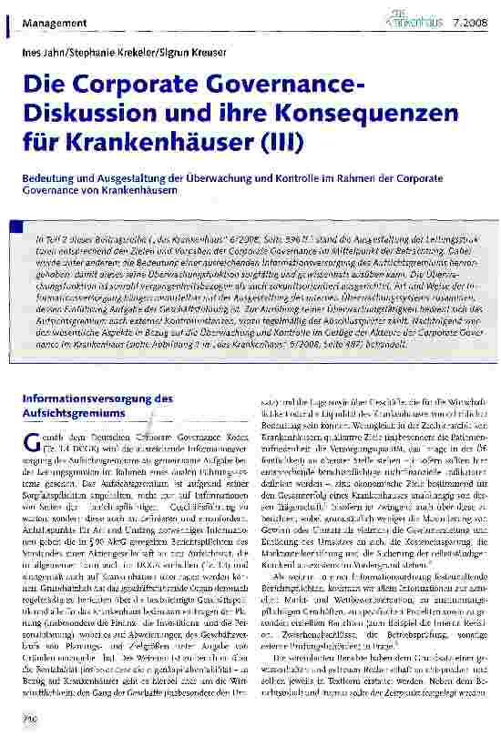 Vorschauseite 1: Die Corporate Governance-Diskussion und ihre Konsequenzen für Krankenhäuser (III) Bedeutung und Ausgestaltung der Überwachung und Kontrolle im Rahmen der Corporate Governance von…
