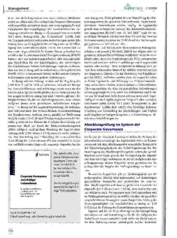 Vorschauseite 3: Die Corporate Governance-Diskussion und ihre Konsequenzen für Krankenhäuser (III) Bedeutung und Ausgestaltung der Überwachung und Kontrolle im Rahmen der Corporate Governance von…