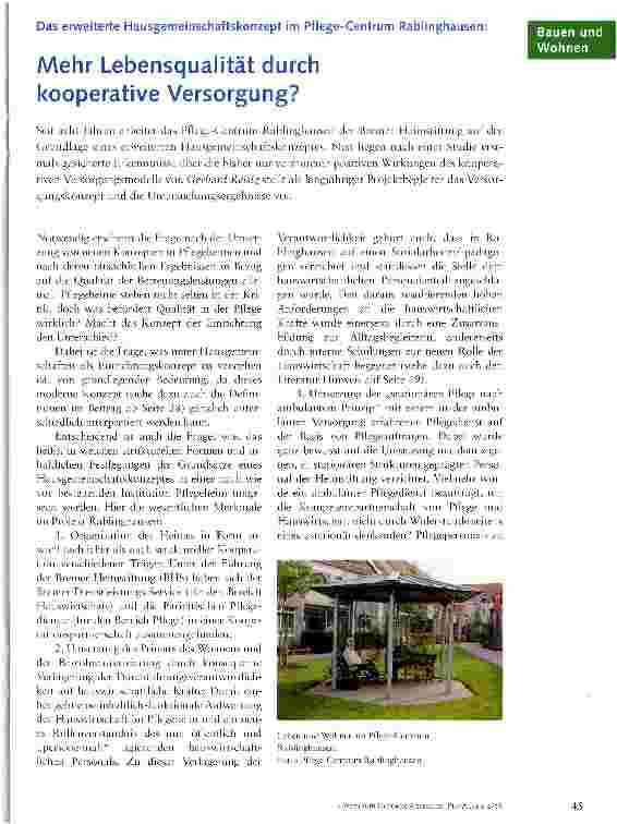 Vorschauseite 1: Das erweiterte Hausgemeinschaftskonzept im Pflege-Centrum Rablinghausen: Mehr Lebensqualität durch kooperative Versorgung?