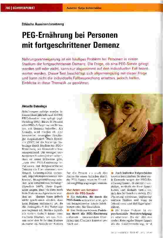 Vorschauseite 1: Ethische Auseinandersetzung. PEG-Ernährung bei Personen mit fortgeschrittener Demenz